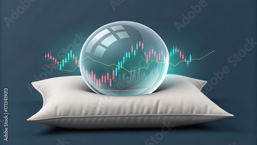 stock market visual metaphor prediction concept. Crystal ball on a pillow with financial graphs in the background.