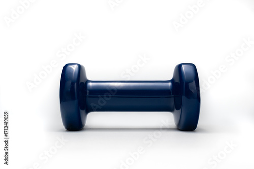 Schilderij op canvas single blue rubber dumbbell with a shadow isolated on a white background