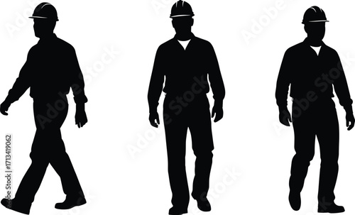 Construction Worker Silhouettes – Three Poses of Laborer in Hard Hat for Safety, Industry, and Design Projects