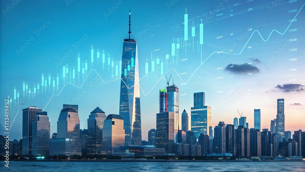 Obraz premium Financial Market Growth Upward Trending Stock Chart Over City Skyline at Dusk