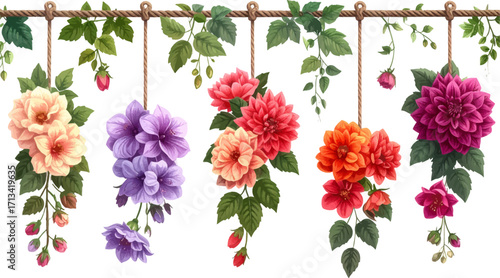 Charming Hanging Flower Basket Art. Floral Hanging Planters in Full Bloom. Colorful Hanging Flower Baskets Design. Vivid Floral Hanging Planter Decor. Elegant Flower Basket Hanging Art