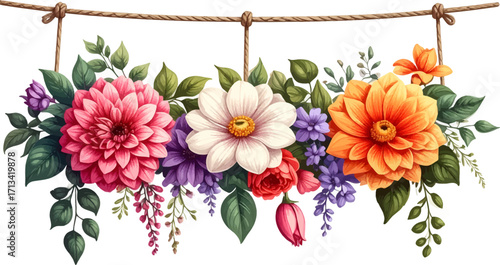 Hanging flower baskets with vibrant colors. Colorful flowers in hanging planters. Floral arrangement with hanging baskets. Vibrant blossoms in decorative flower pots. Flower baskets with bright blooms