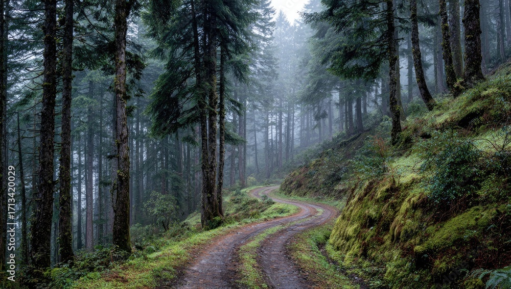 Fototapeta premium A winding, dirt road curves through a misty, evergreen forest. Tall trees line the path, their dark silhouettes partially obscured by fog. Moss covers the damp earth and rocks along the roadside