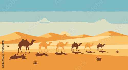 Desert Caravan Illustration Featuring Camels Walking Across Sandy Dunes Under a Clear Sky for Travel and Adventure Promotion
