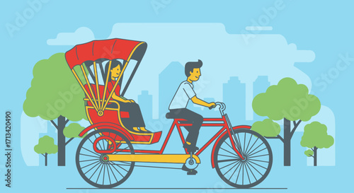 Animated Illustration of a Cycle Rickshaw Ride Through a City Park, Ideal for Tourism Promotion, Cultural Representation, or Educational Materials.