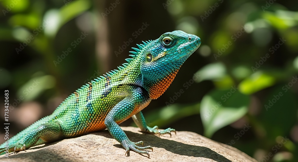 Fototapeta premium Vibrant Green and Blue Lizard on Rock.