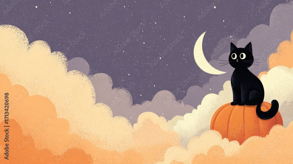 custom made wallpaper toronto digitalBlack Cat on Pumpkin Among Clouds and Moon in Night Sky