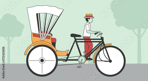 Hand-Pulled Rickshaw Illustration Depicting Traditional Urban Transportation for Travel Guides and Cultural Heritage Projects