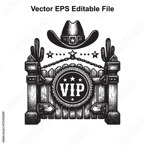 Vector art of western cowboy hat and vip fence gate with stars