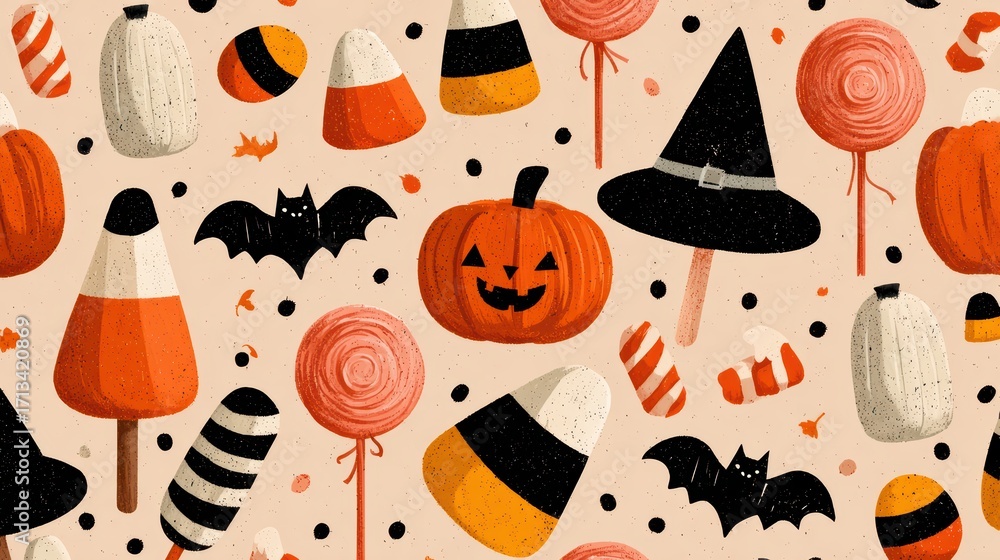 custom made wallpaper toronto digitalWhimsical Halloween Pattern with Pumpkins and Candy Decorations
