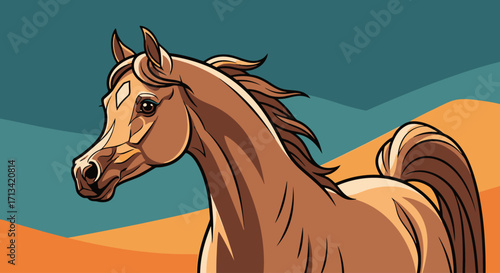 Elegant Arabian Horse Illustration with Flowing Mane and Detailed Musculature, Suitable for Children's Books, Equine Education, and Digital Art Projects