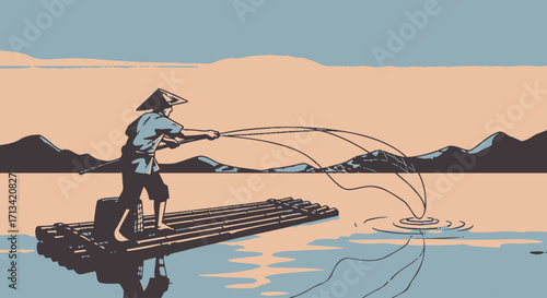 Serene Asian Fisherman Casting Net from Bamboo Raft at Sunrise, Showcasing Traditional Fishing Techniques and Tranquil Water Scenery for Cultural and Travel-related Projects