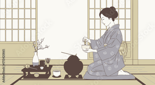 Serene Japanese Tea Ceremony Illustration Depicting Tradition and Culture, Ideal for Educational Materials, Cultural Presentations, or Artistic Projects
