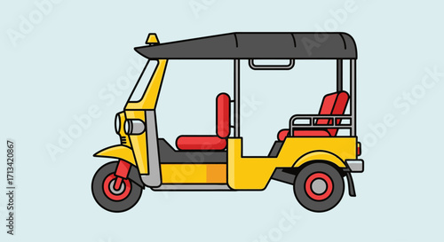 Vibrant Vector Illustration of a Yellow Tuk-Tuk Taxi for Travel Guides and Tourism Promotion in Southeast Asia. Ideal for travel blogs, brochures, and educational resources.