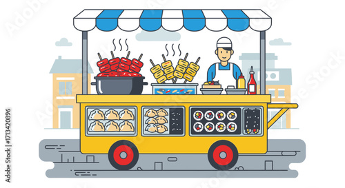 Vibrant Street Food Vendor Cart Illustration Showcasing Diverse Asian Cuisine for Culinary Guides and Food Festival Promotions