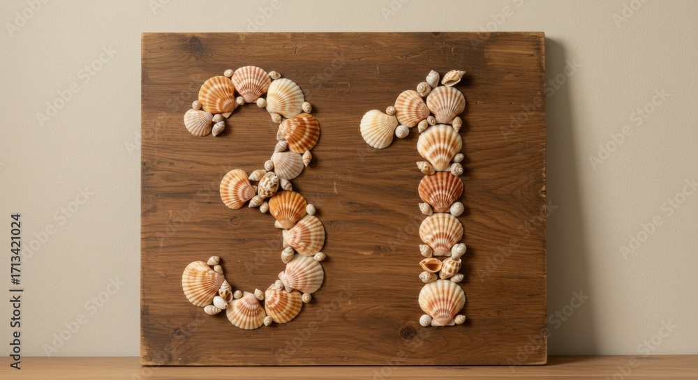Fototapeta premium seashells - A decorative wooden panel featuring the number 31 creatively arranged with various seashells, set against a neutral background, perfect for coastal-themed decor