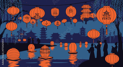 Vibrant Chinese Lantern Festival Illustration with Traditional Architecture and Water Reflections for Cultural Celebrations and Festive Event Promotions
