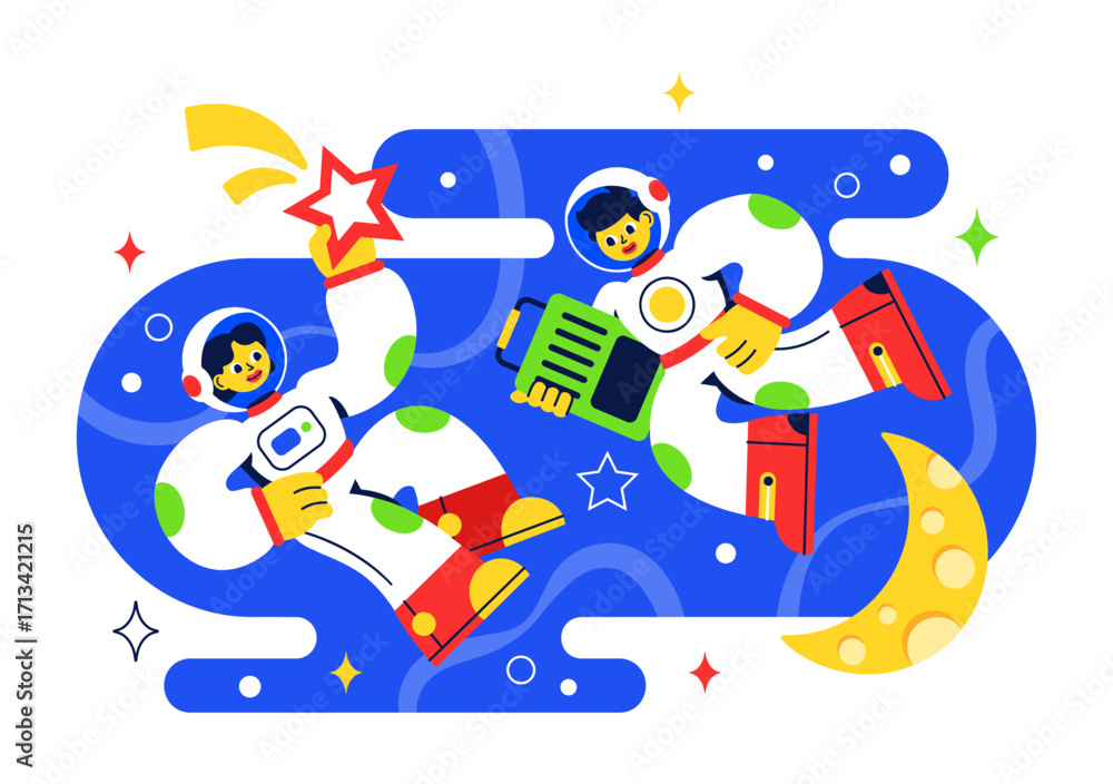 Fototapeta premium Space Tourism Illustration featuring Multinational Tourists Flying on a Rocket With Views of Outer Space Stations and Several Planets in a Background