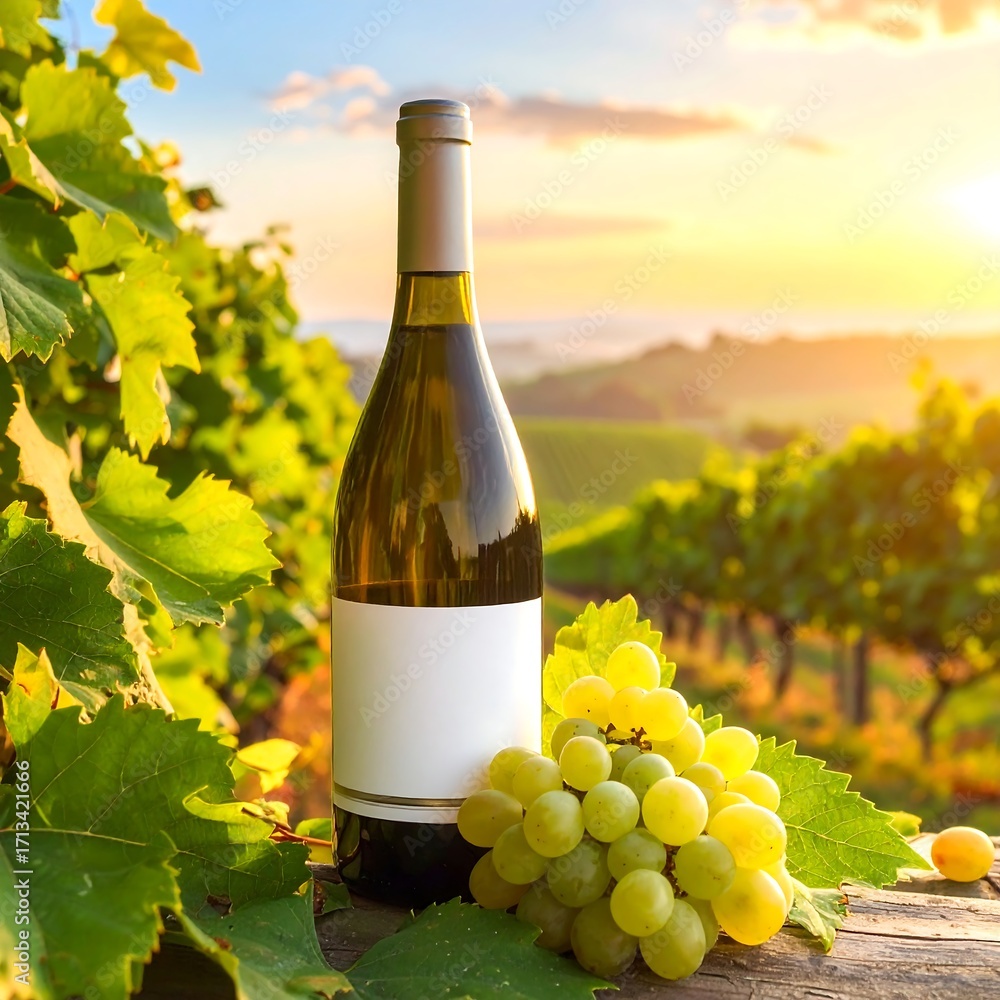 Fototapeta premium Wine bottle and grapes at vineyard sunrise