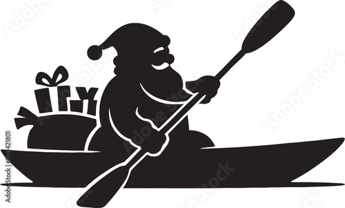 Santa Claus kayaking with gifts black and white illustration