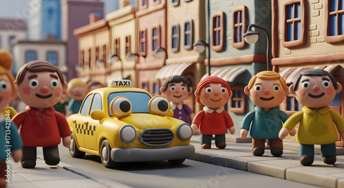 Fototapeta Naklejka Na Ścianę i Meble -  A yellow cartoon taxi with large eyes drives down a city street lined with smiling claymation people and buildings.