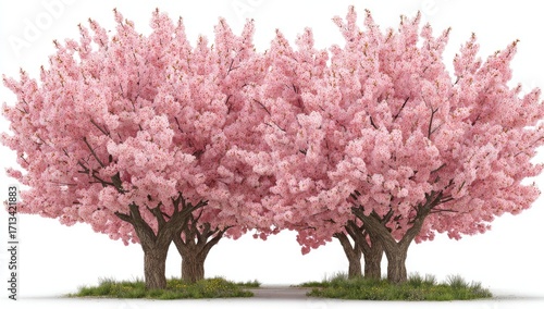 Pink cherry blossom trees in a row against white