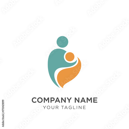 Stylized logo depicting a mother embracing her baby, symbolizing care, family, and nurture with abstract teal and orange shapes.