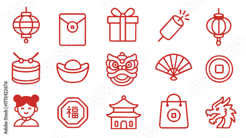Outline Chinese icons featuring lantern envelope fan temple lion coin