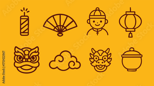Chinese icons yellow background fan boy lantern lion firecracker