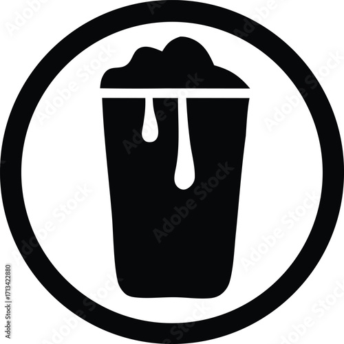 Simple graphic icon depicting a paint can with dripping paint inside a circle emblem