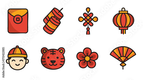 Colorful icons envelope firecracker lantern boy tiger flower fan