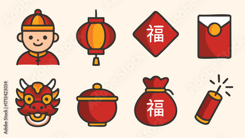 Colorful icons featuring boy lantern dragon envelope pot firecracker bag