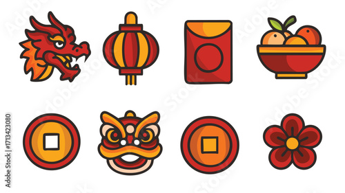 Chinese festival icons dragon lantern envelope orange coin flower lion