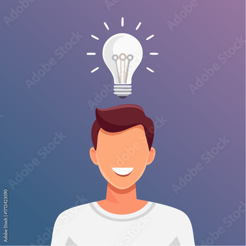 A bright idea sparks above a smiling person's head, depicted in a clean, modern minimalist vector illustration, symbolizing innovation and creative thought