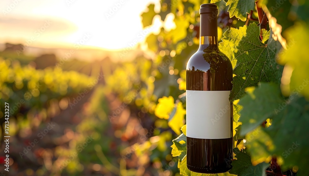 Fototapeta premium Wine bottle in vineyard at sunset