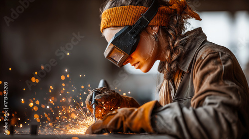 Close-up shot, female welder in dark protective mask, sparks reflecting on visor, welding torch in hand, industrial workshop atmosphere