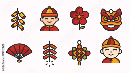 Chinese icons boy lion flower fan firecracker knot celebration