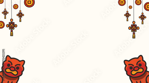 Decorative border background with lion coin knot hanging ornaments