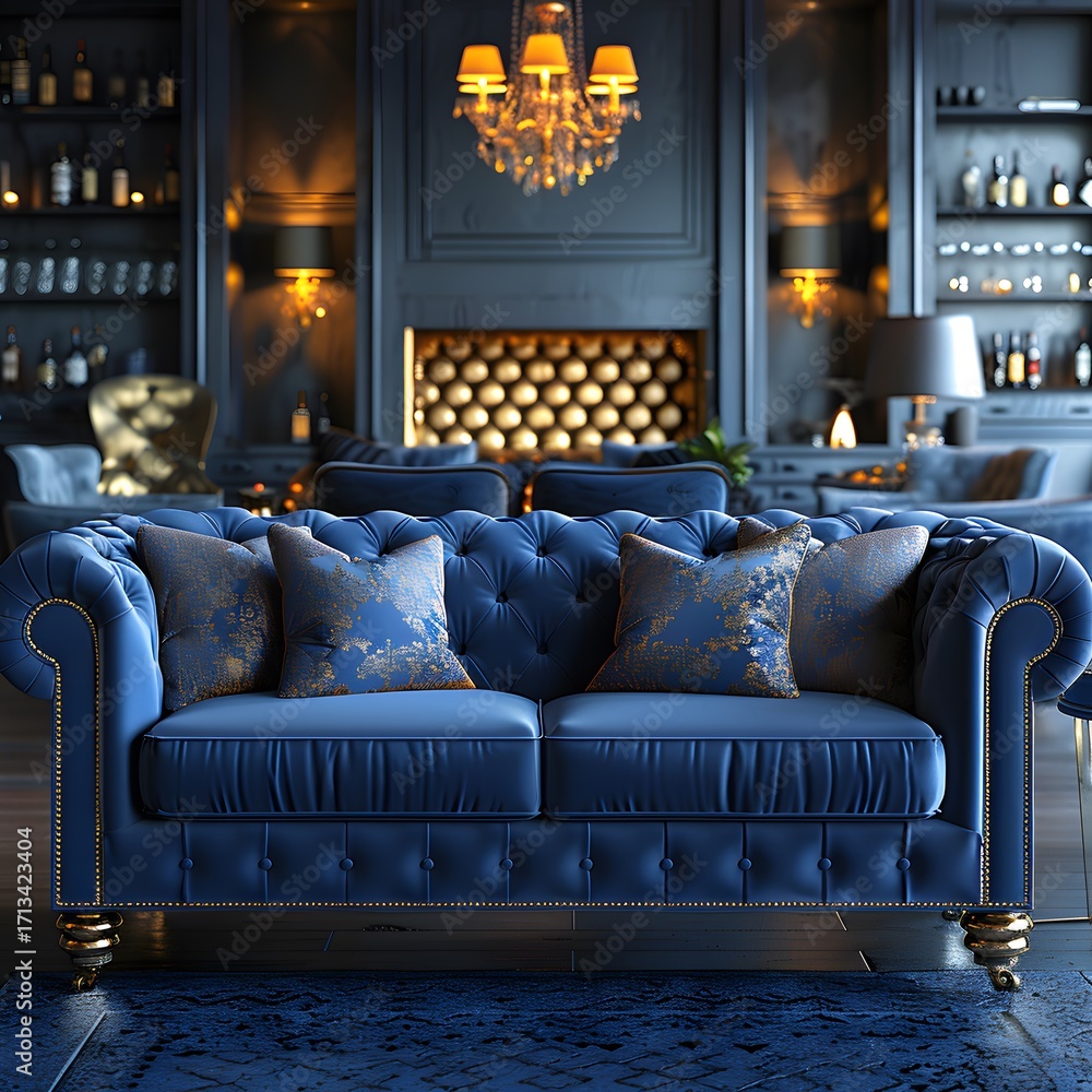 Obraz premium Modern blue velvet couch with cushions high resolution picture