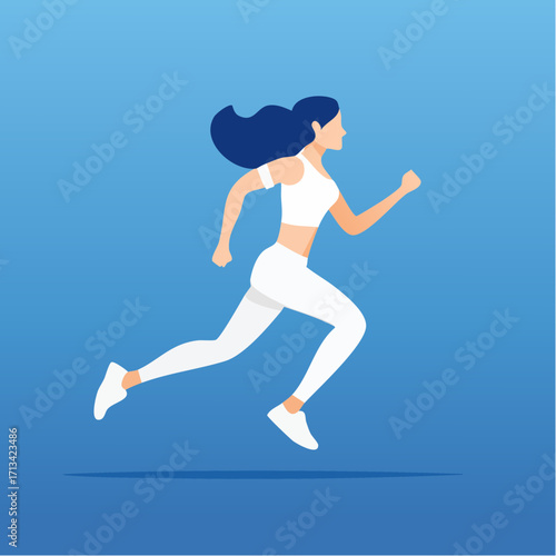 Energetic Woman Running A Vector Illustration Depicting Fitness and Active Lifestyle on a Blue Background
