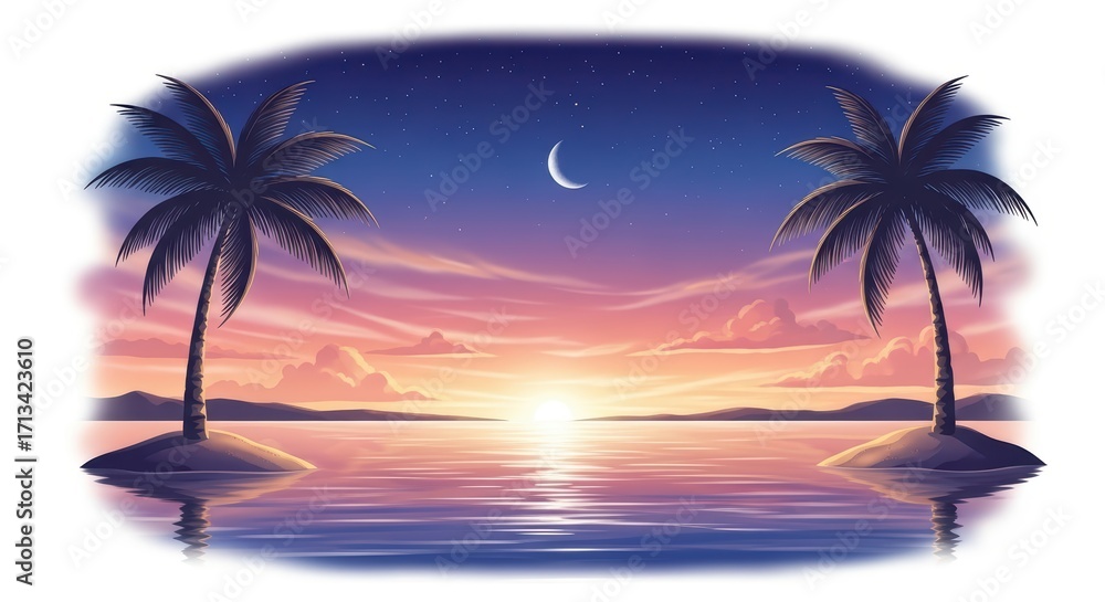 Naklejka premium Serene tropical island sunset scene with two palm trees under a crescent moon and calm waters