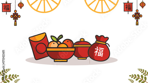 Chinese new year illustration of food offering bowl and ornaments