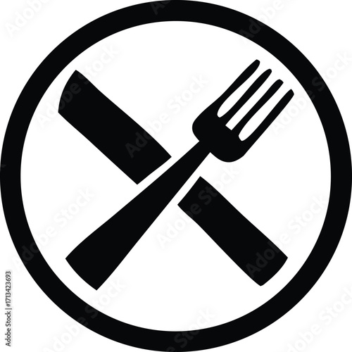 Simple icon of crossed knife and fork inside a circle represents food restaurant dining culinary and eating establishment