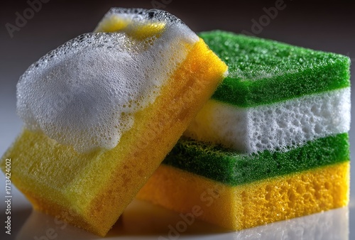 Colorful sponges layered, covered in white foam
