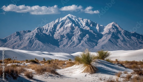 Snowy peak above white desert