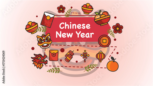 Chinese new year circle frame with food lantern coins decoration