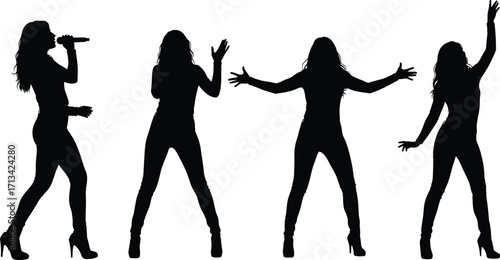 Silhouettes of four female performers singing and dancing on stage with microphones and dynamic poses.