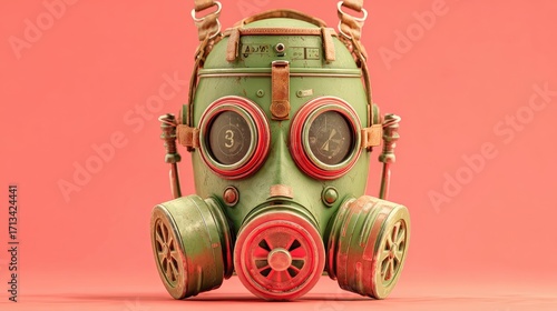 Vintage, detailed gas mask on coral background