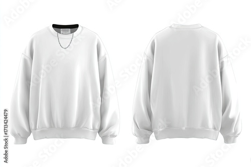 Front and back view of a plain white sweatshirt with a simple silver chain necklace