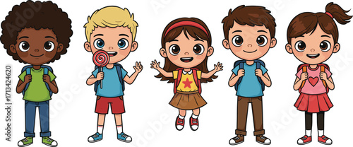 Happy diverse children with backpacks, school kids, cute cartoon students, back to school, smiling kids, education, learning, classroom, kid friends, fun school day